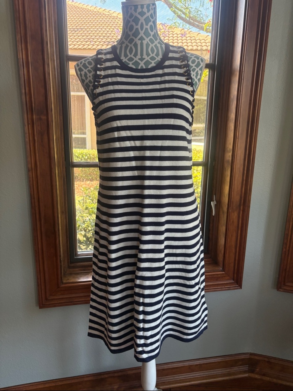 Michael Kors Navy Blue and White Striped Sleeveless Mini Dress
